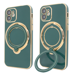 Чехол для iPhone 12 Holder Glitter Shining Сase with MagSafe с подставкой и защитными линзами на камеру Green