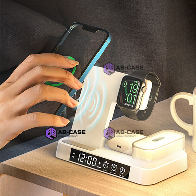Беспроводная зарядка 3 в 1 30w (iPhone + Apple Watch + AirPods) с ночником и будильником Black