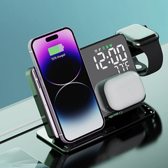 Беспроводная зарядка 4 в 1 15W (iPhone + Apple Watch + AirPods) Mirror LED с будильником Gray