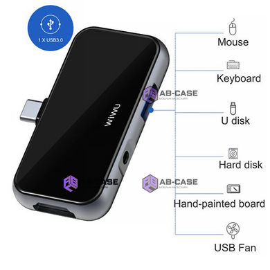 Переходник Wiwu 4 in 1 (USB-C to HDMI | 3.5mm Jack | USB3.0 | USB-C 3.1) T5 Pro докстанция Black
