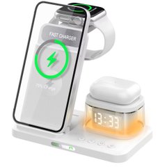 Безпровідна зарядка (iPhone + Apple Watch + AirPods) 5 in 1 Dock Charging Station with Alarm Clock & Nightlight (White)