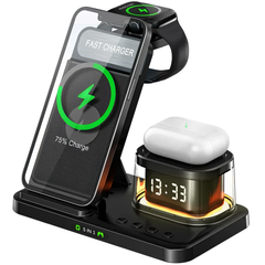 Безпровідна зарядка (iPhone + Apple Watch + AirPods) 5 in 1 Dock Charging Station 5 in 1 with Alarm Clock & Nightlight (Black)