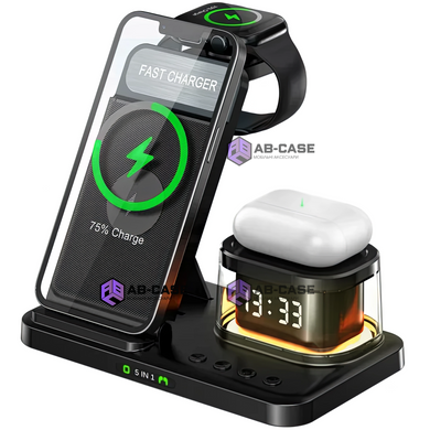 Беспроводная зарядка (iPhone + Apple Watch + AirPods) 5 in 1 Dock Charging Station 5 in 1 with Alarm Clock & Nightlight (Black)