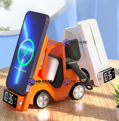 Беспроводная зарядка 5 в 1 (iPhone + Apple Watch + AirPods) Car Design со светильником и будильником Fast Charging Orange