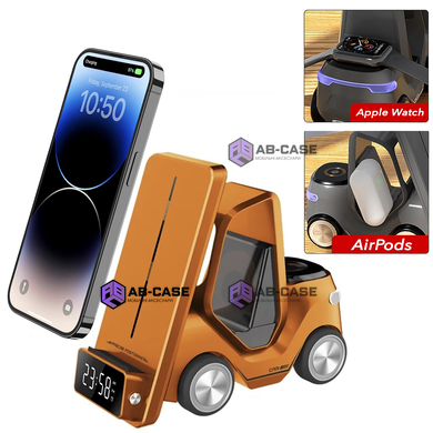 Беспроводная зарядка 5 в 1 (iPhone + Apple Watch + AirPods) Car Design со светильником и будильником Fast Charging Orange