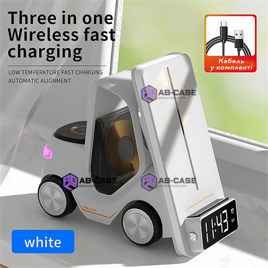 Беспроводная зарядка 5 в 1 (iPhone + Apple Watch + AirPods) Car Design со светильником и будильником Fast Charging White