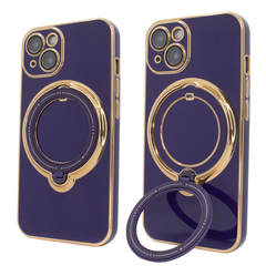 Чехол для iPhone 14 Holder Glitter Shining Сase with MagSafe с подставкой и защитными линзами на камеру Deep Purple