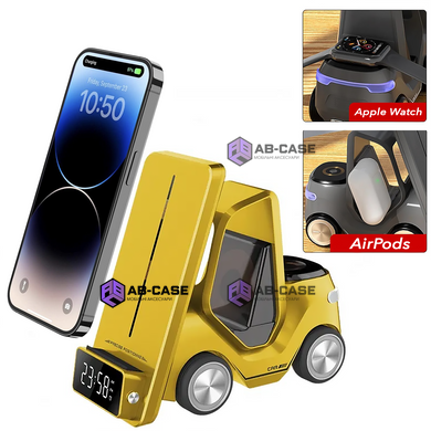 Беспроводная зарядка 5 в 1 (iPhone + Apple Watch + AirPods) Car Design со светильником и будильником Fast Charging Yellow