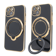 Чехол для iPhone 15 Plus Holder Glitter Shining Сase with MagSafe с подставкой и защитными линзами на камеру Black