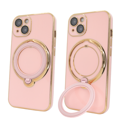Чехол для iPhone 15 Plus Holder Glitter Shining Сase with MagSafe с подставкой и защитными линзами на камеру Pink
