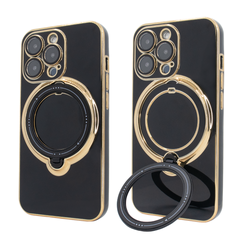 Чехол для iPhone 15 Pro Holder Glitter Shining Сase with MagSafe с подставкой и защитными линзами на камеру Black