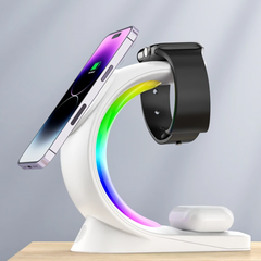 Беспроводная зарядка 3 в 1 30W (iPhone + Apple Watch + AirPods) MagSafe RGB Light со светильником White