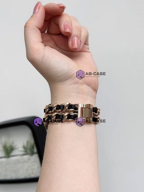 Ремешок для Apple Watch 42|44|45|49mm Chanel Band браслет металлический с кожой Rose Gold - Black