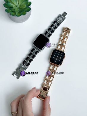 Ремінець для Apple Watch 42|44|45|49mm Chanel Band браслет металевий зі шкірою Silver-Black