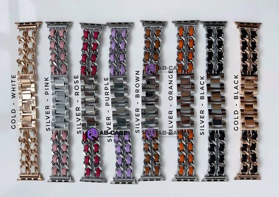 Ремінець для Apple Watch 42|44|45|49mm Chanel Band браслет металевий зі шкірою Silver-Black