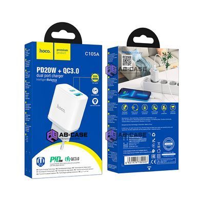 Зарядное устройство 20W (1 USB + 1 Type-C) Hoco C105A Stage PD+QC3.0 (White)