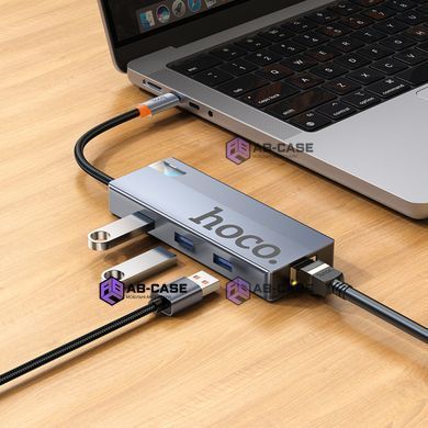 Перехідник Type-C на (HDMI + RJ45 + USB&times;3 + Type-C (PD)) Hoco HB51 &mdash; Grey