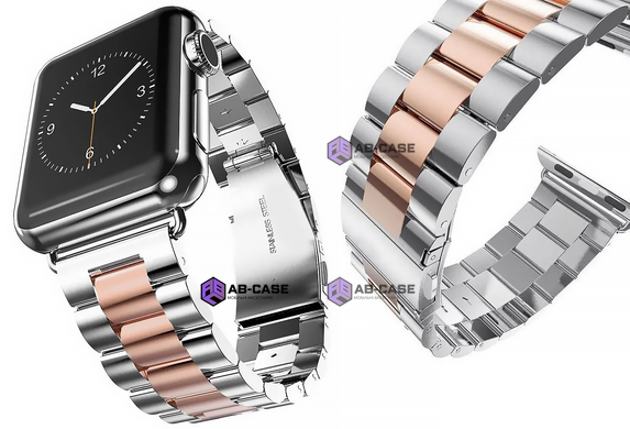 Стальной ремешок Stainless Steel Braslet 3 Beads для Apple Watch (38mm, 40mm, 41mm, Silver-Rose Pink)