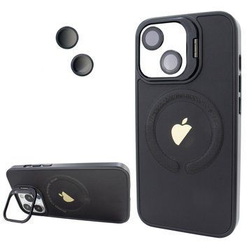 Чохол для iPhone 15 Logo Case PU Leather з лінзами та підставкою Stand Camera - Black