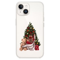 Чехол для iPhone 15 Plus прозрачный Print новогодний Girl with Bear