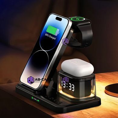 Беспроводная зарядка (iPhone + Apple Watch + AirPods) 5 in 1 Dock Charging Station with Alarm Clock & Nightlight (White)