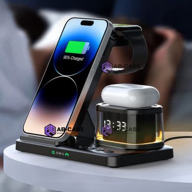 Безпровідна зарядка (iPhone + Apple Watch + AirPods) 5 in 1 Dock Charging Station with Alarm Clock & Nightlight (White)