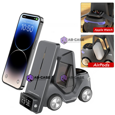Безпровідна зарядка 5 в 1 (iPhone + Apple Watch + AirPods) Car Design зі світильником та будильником Fast Charging Gray