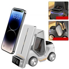 Беспроводная зарядка 5 в 1 (iPhone + Apple Watch + AirPods) Car Design со светильником и будильником Fast Charging White