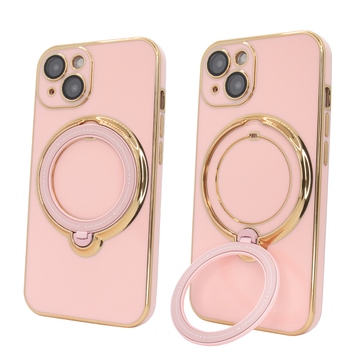 Чехол для iPhone 15 Holder Glitter Shining Сase with MagSafe с подставкой и защитными линзами на камеру Pink