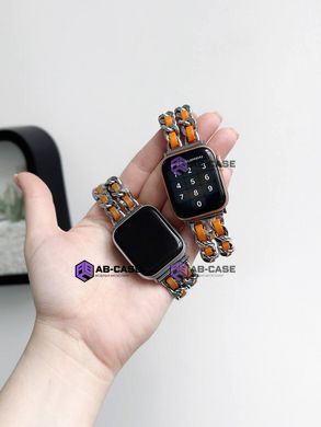Ремінець для Apple Watch 42|44|45|49mm Chanel Band браслет металевий зі шкірою Silver-Orange