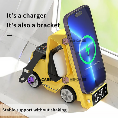 Безпровідна зарядка 5 в 1 (iPhone + Apple Watch + AirPods) Car Design зі світильником та будильником Fast Charging Yellow