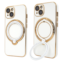 Чехол для iPhone 15 Holder Glitter Shining Сase with MagSafe с подставкой и защитными линзами на камеру White