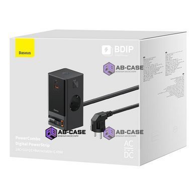 Мережевий фільтр Baseus PowerCombo Digital 65W (2xAC + 1xUSB-C + 1xUSB-A) + высувной кабель Type-C &ndash; Чёрный