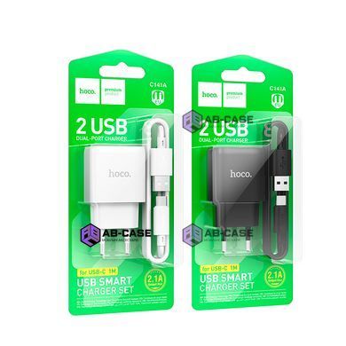 Зарядний пристрій 2,1A (2 USB) Hoco C141A Smart з кабелем USB - Type-C (White)