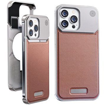 Чехол для iPhone 13 Pro Max металлический Aluminium with Leather MagSafe, Brown