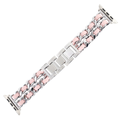 Ремешок для Apple Watch 42|44|45|49mm Chanel Band браслет металлический с кожой Silver-Pink