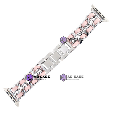 Ремешок для Apple Watch 42|44|45|49mm Chanel Band браслет металлический с кожой Silver-Pink