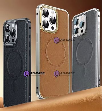 Чехол для iPhone 14 Pro Metal Bumpers PU Leather Case with MagSafe - Gray