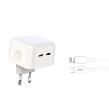 Комплект быстрой зарядки 35W (2 Type-C) XO L102 PD с кабелем Type-C - Lightning (White)