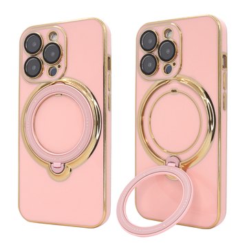 Чохол для iPhone 15 Pro Max Holder Glitter Shining Сase with MagSafe з підставкою та захисними лінзами на камеру Pink