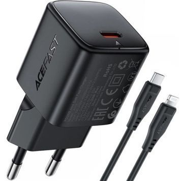 Комплект быстрой зарядки 20W (1 Type-C) ACEFAST A117 mini GaN PD+QC3.0 с кабелем Type-C - Lightning 2 м (Black)