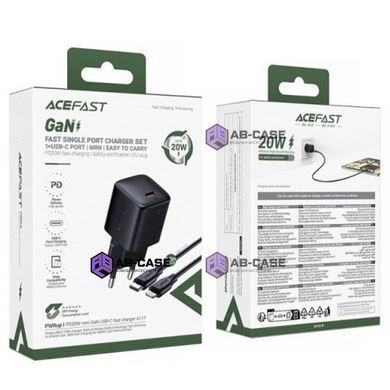 Комплект быстрой зарядки 20W (1 Type-C) ACEFAST A117 mini GaN PD+QC3.0 с кабелем Type-C - Lightning 2 м (Black)