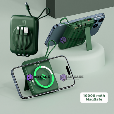 Беспроводной магнитный павербанк 10000 mAh Magnetic Q12 with 3 Cabels для iPhone MagSafe Green