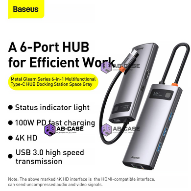 Перехідник Baseus 6 in 1 (USB-C to HDMI | 3xUSB | Ethernet | USB-C 100w | Type-C) Hub докстанція Gray