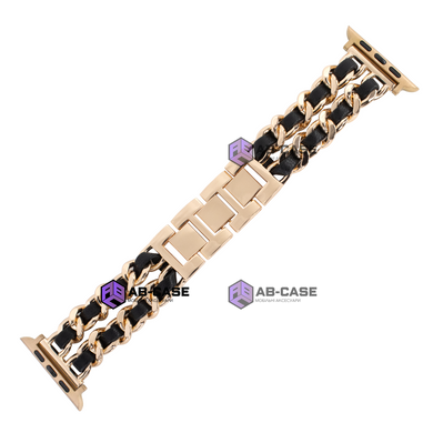 Ремінець для Apple Watch 42|44|45|49mm Chanel Band браслет металевий зі шкірою Rose Gold - Black