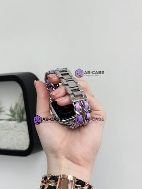 Ремешок для Apple Watch 42|44|45|49mm Chanel Band браслет металлический с кожой Silver-Purple