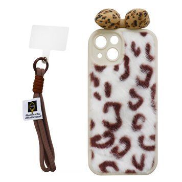 Пушистый чехол &laquo;Leopard Bow&raquo; с ремешком для iPhone 13/14