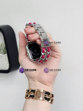Ремешок для Apple Watch 42|44|45|49mm Chanel Band браслет металлический с кожой Silver-Rose