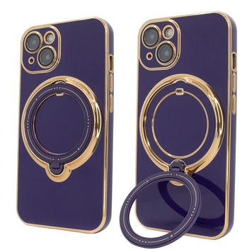 Чохол для iPhone 14 Plus Holder Glitter Shining Сase with MagSafe з підставкою та захисними лінзами на камеру Deep Purple